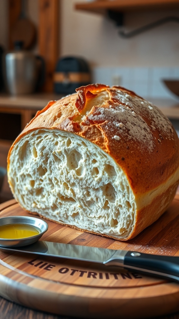 A golden-brown artisan bread loaf on a wooden board with a knife and olive oil.